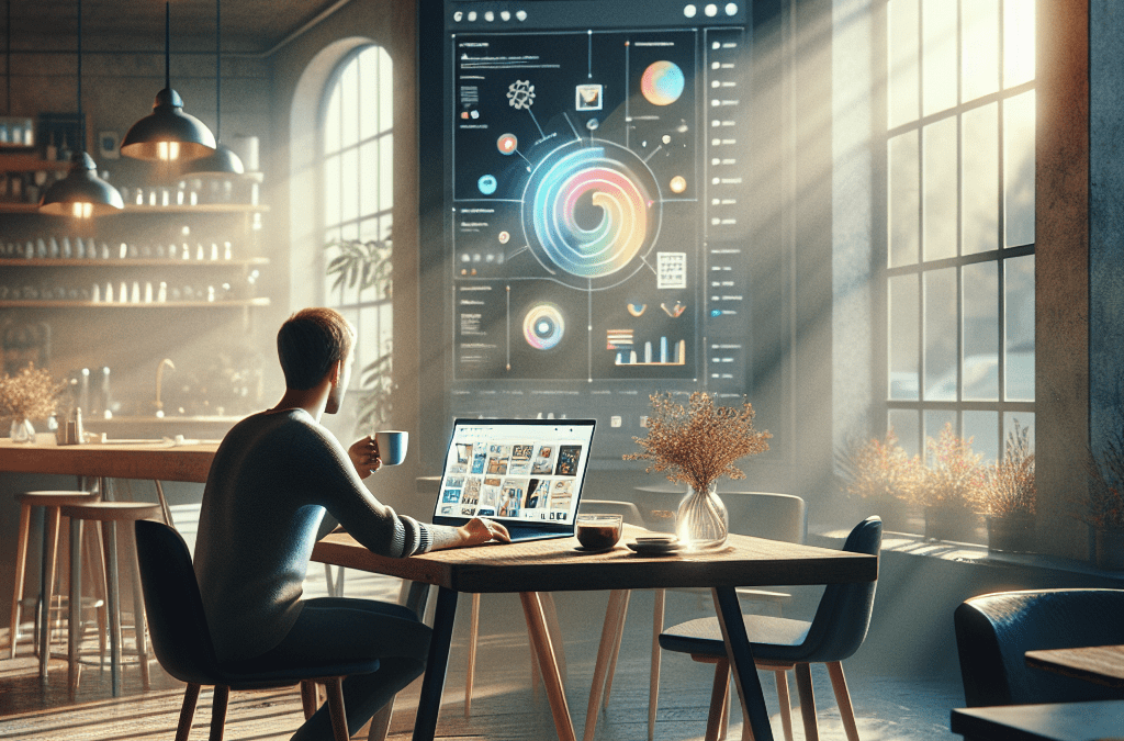 Junger Europäer im Café arbeitet am Laptop mit Google Gemini Canvas, infografiken; warmes Licht, in Bremen. Keywords: SEO, KI-Beratung.