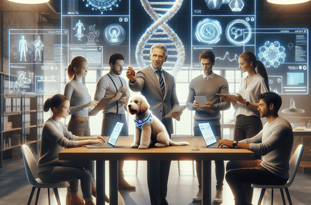 Sunlit Co-Working Lab in Bremen: West-Europäische Unternehmer mit 3D-DNA-Hologramm, KI-Beratung, personalisierter Impfstoffplan.