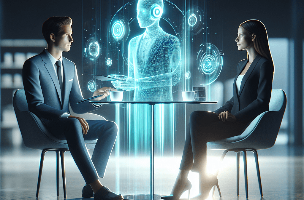 Junges Paar in Bremen interagiert mit holografischem KI-Assistenten am Glastisch, moderne KI-Lösungen und Automatisation.