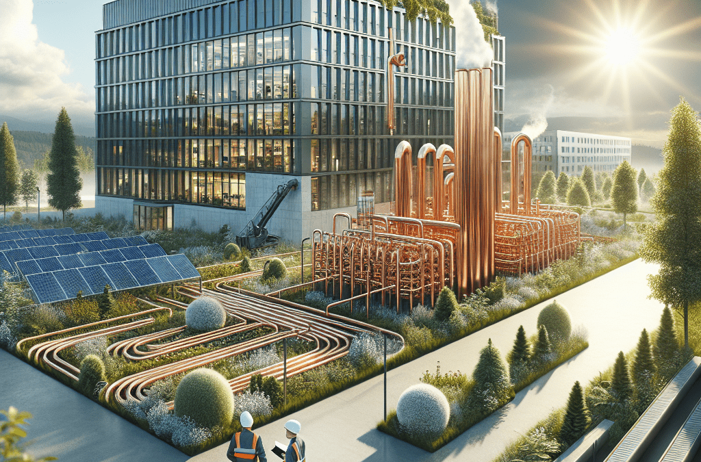 Moderne Geothermieanlage neben Bürogebäude in Oldenburg, Ingenieure inspizieren Kupferschlaufen, umgeben von Solarpanels.