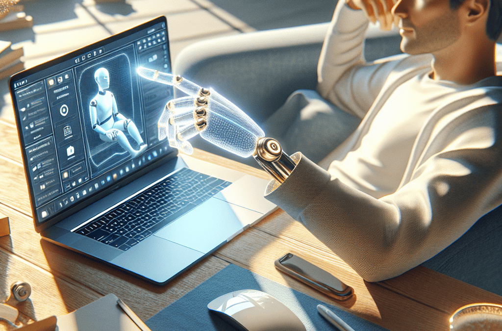 Moderner Home-Office-Arbeitsplatz in Bremen mit MacBook, iPhone, KI-unterstützter Maussteuerung und SEO-Optimierung.