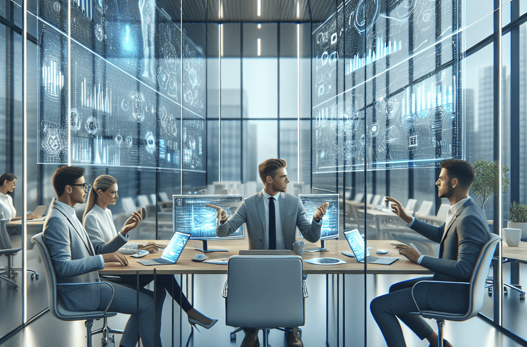 Hell beleuchtetes Büro in Bremen: Fachleute analysieren KI-Daten holografisch, während inspirierte Zusammenarbeit und Notizen stattfinden.