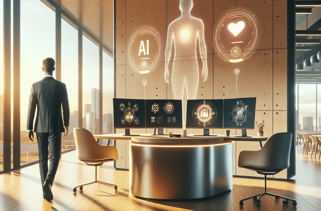 Moderner Büroarbeitsplatz in Bremen: Geschäftsmann nutzt KI-Beratung mit holographischen Symbolen—futuristische Atmosphäre.