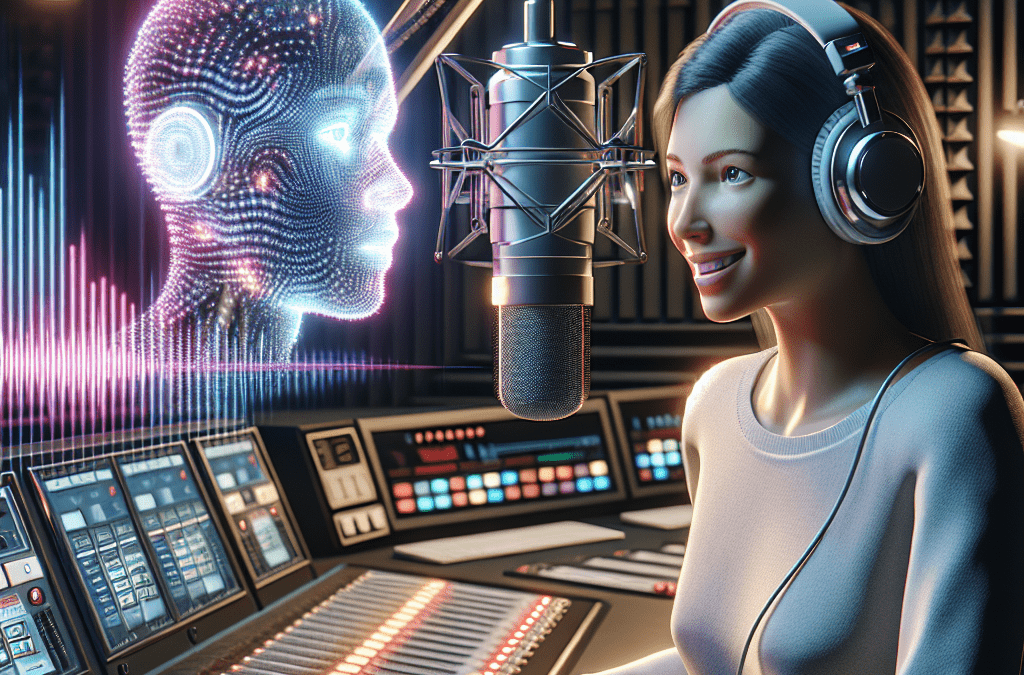 Photorealistische Aufnahme eines modernen Radiostudios in Bremen bei Dämmerung mit KI-Voice und Wellenformen, Moderatorin spricht.