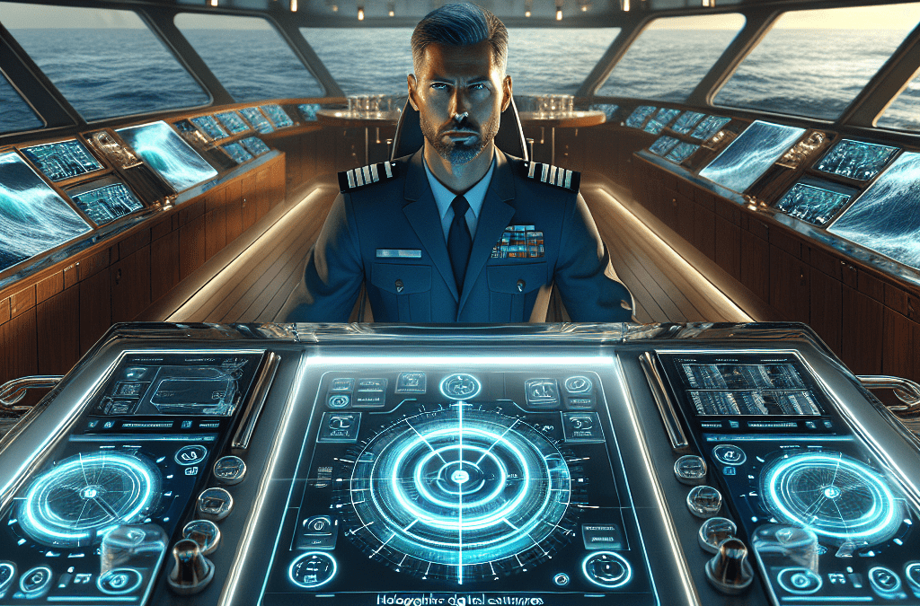 Moderner Schiffsbrücke Oldenburg: Europäischer Kapitän, holografische KI-Anzeigen, digitale Navigation, maritime Technologie.