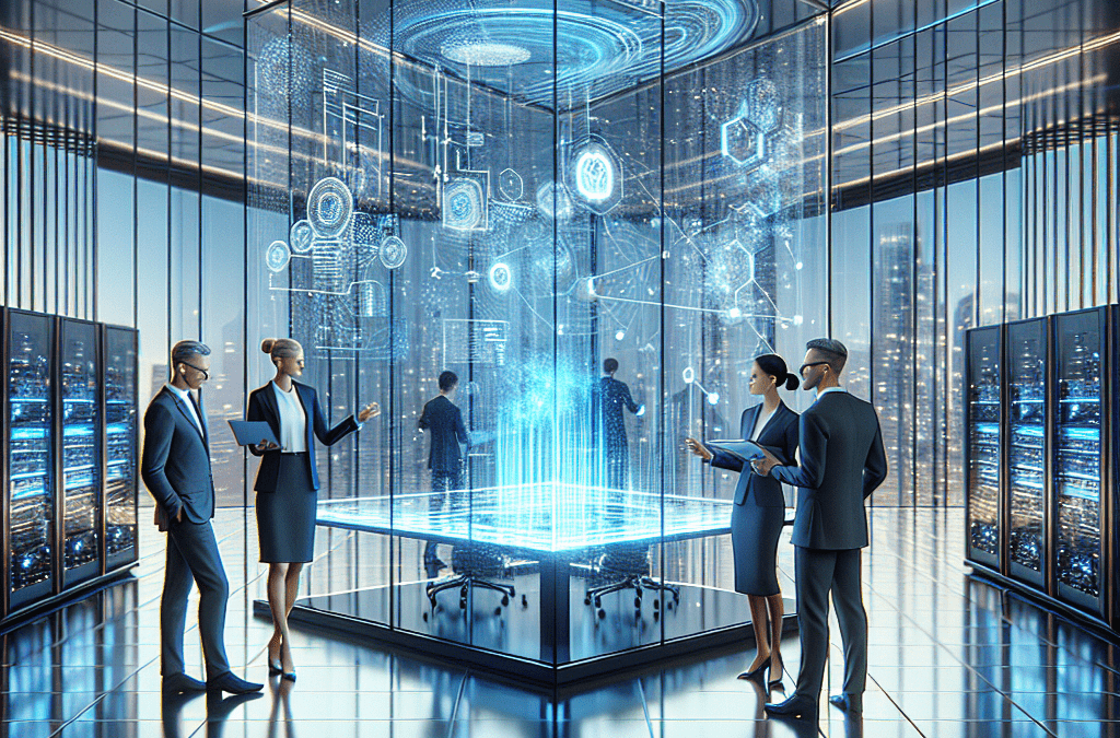 Moderner High-Tech-Bürographik zeigt KI-Beratung bei holographischer Anzeige, innovative KI-Lösungen in Bremen Umgebung.