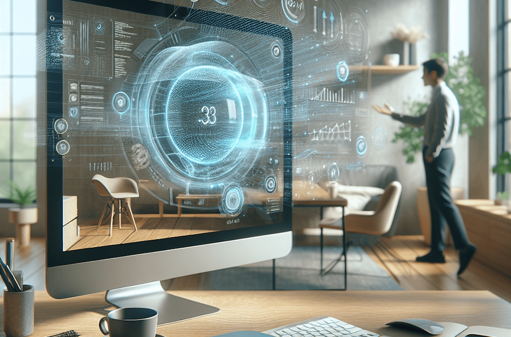 Junger Profi in Bremen nutzt Mac Mini für KI-Beratung, gesteuert per holographische Schnittstelle, minimalistische Büroeinrichtung.