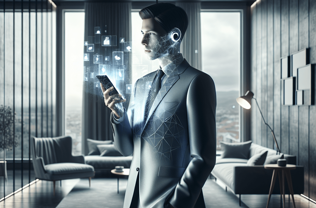 Moderne KI-Automatisation in minimalistischer Wohnung in Bremen, Person steuert holographische Videos per Sprachbefehl auf Smartphone.