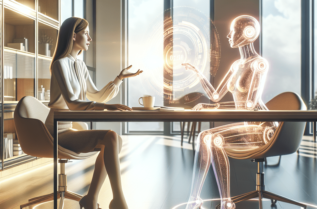 Westeuropäische Frau spricht mit holografischer KI-Schnittstelle in futuristischem Büro, modernes Design, Bremen Umgebung.