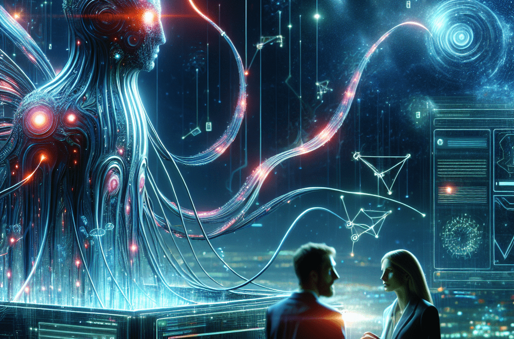 Photorealistische Szene einer Webseite als leuchtendes Organismus in kosmischer Umgebung; Geschäftsleute diskutieren SEO-Metriken via KI in Oldenburg.