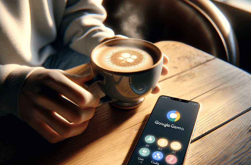 Junger Europäer im Café mit Smartphone, KI-Apps und Google Gemini-Logo. Keywords: KI-Beratung, Bremen, SEO.