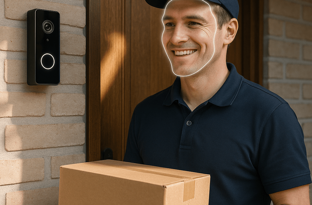 Moderne Haustürszene: Paketbote an einer Smart-Home-Tür mit Kamera, betont durch KI-Technologie, anschaulich in Bremen.