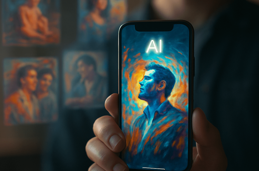 Junge Hand hält Smartphone mit leuchtendem KI-Interface in futuristischer Szenerie, surrealer Galeriehintergrund, Bremen.