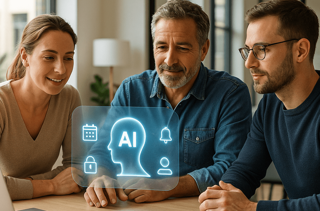 Photorealistisches Coworking-Bild mit KI-Beratung in Bremen; moderne Profis interagieren mit holografischem KI-Interface im minimalistischen Büro.