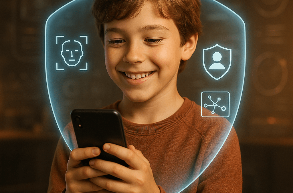 Lächelnder westeuropäischer Preteen mit Smartphone, umgeben von holografischer KI-Schnittstelle für Alters- und Gesichtsverifizierung in lebendiger Szenerie.