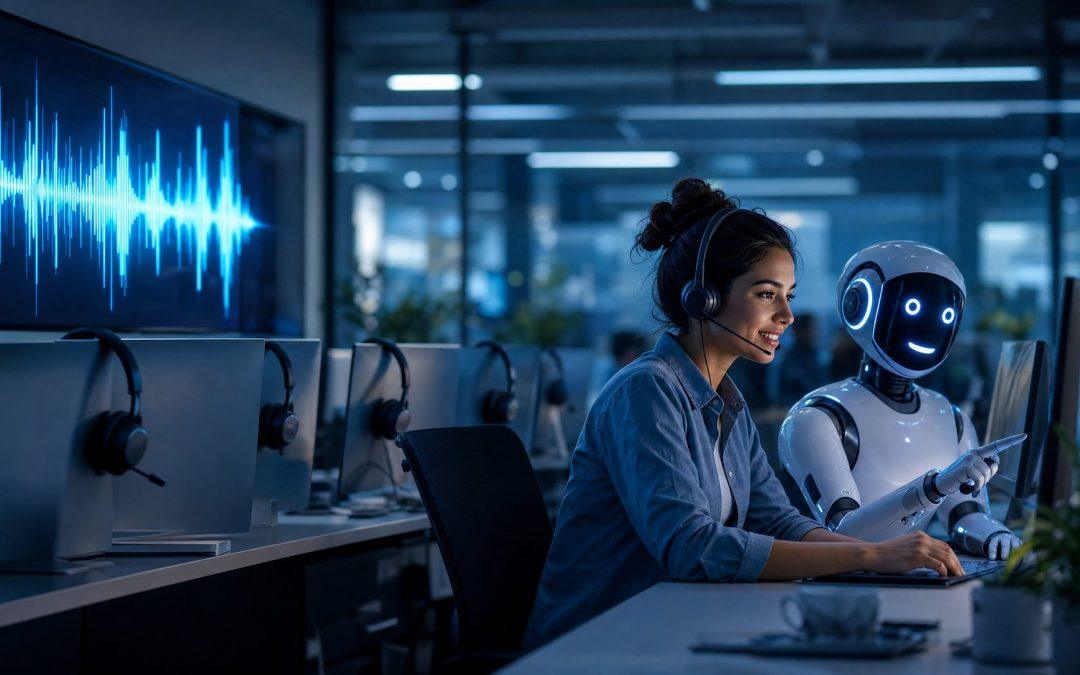 KI im Callcenter: KI-Assistent und menschlicher Service-Mitarbeiter arbeiten zusammen