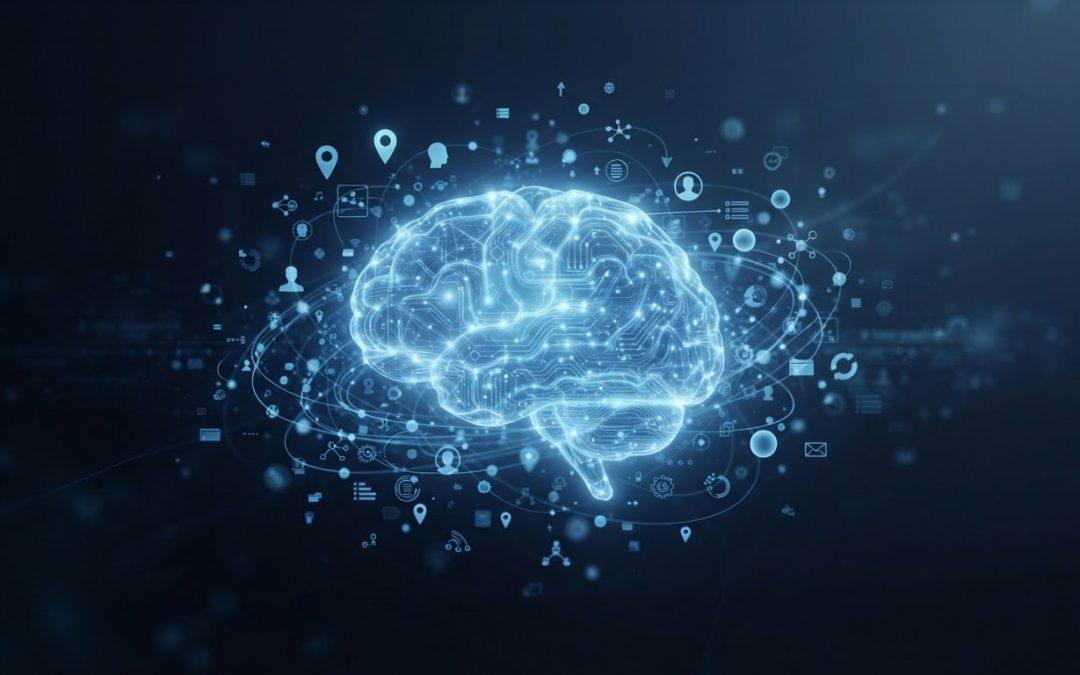 Digitales Gehirn mit Datensymbolen für KI-Beratung und KI-Lösungen