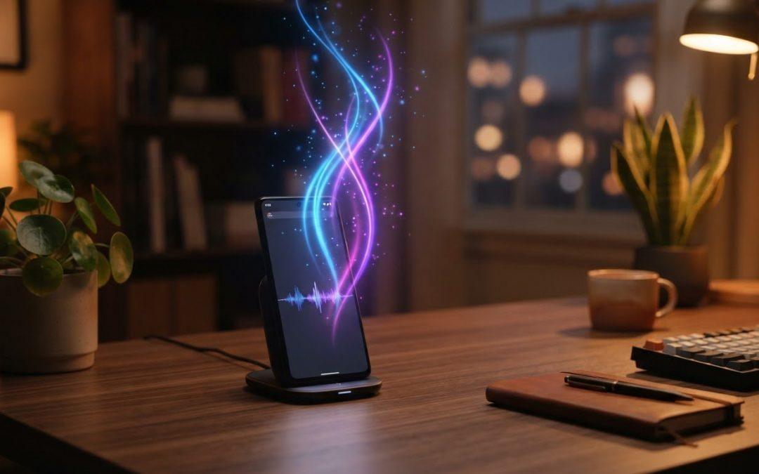 Smartphone mit ChatGPT Voice und Sprach-Soundwellen als Symbol fuer GPT-Live
