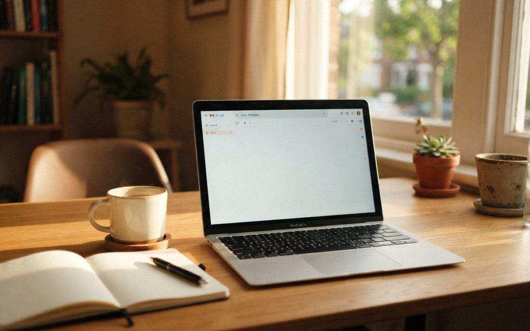 KI im Kundenservice: aufgeräumter Schreibtisch mit Laptop und leerem Posteingang