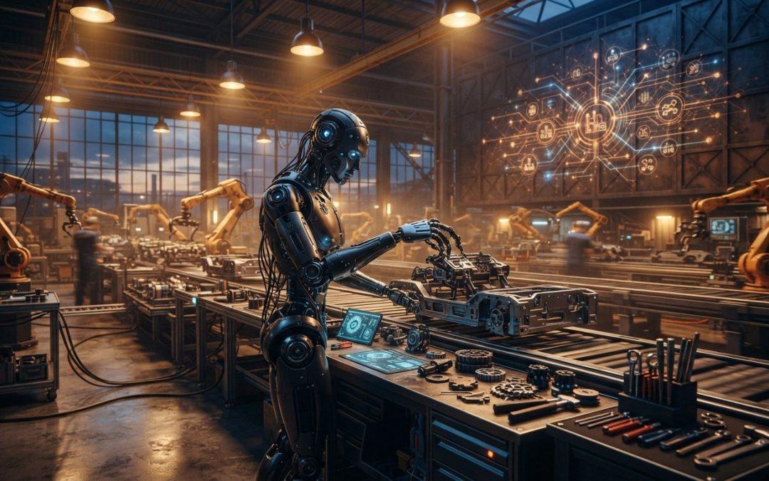 Humanoider Roboter an einer Fertigungslinie als Sinnbild für die Zukunft der KI