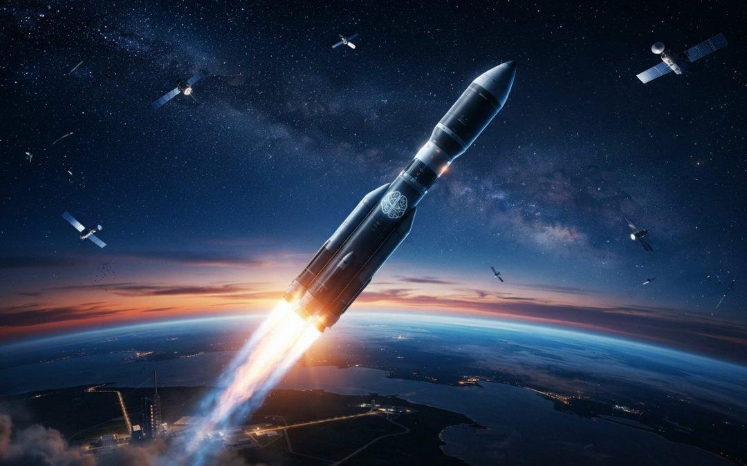 Rakete mit KI-Symbol steigt in den Sternenhimmel als Symbol für SpaceXAI