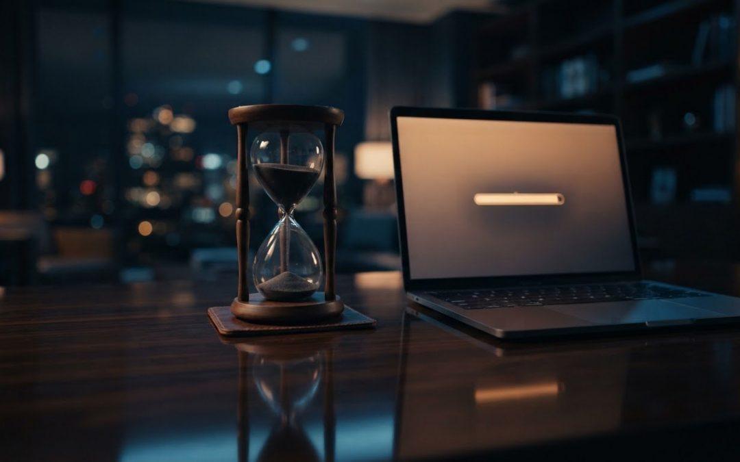 Sanduhr neben Laptop auf Schreibtisch, Symbol für ChatGPT Limit und KI-Beratung