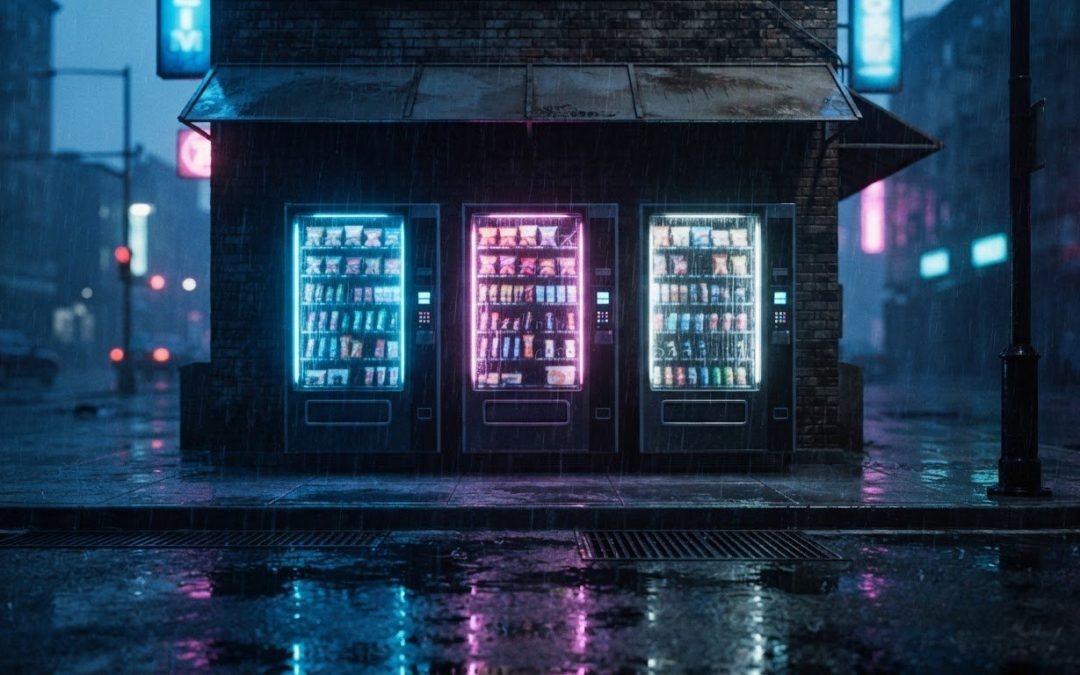 Drei moderne Getränkeautomaten bei Nacht im Regen für KI-Beratung