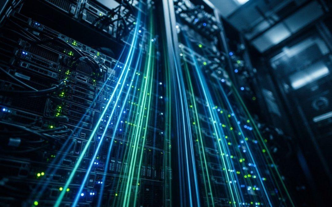 Serverrack im Rechenzentrum mit blinkenden Statuslichtern und leuchtenden Datenleitungen