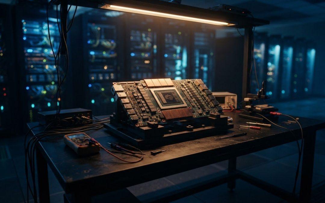 KI-Beschleuniger-Chip im Rechenzentrum mit Serverracks und Werkbank
