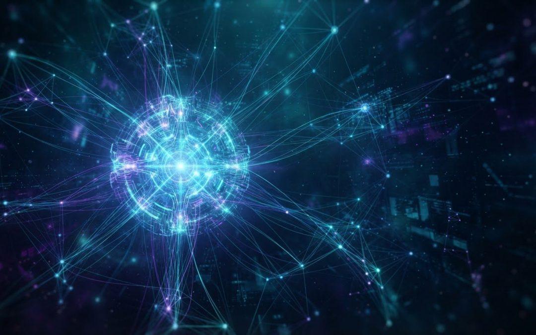 Leuchtender zentraler Knoten, verbunden durch digitale Linien als Symbol für ein KI-Modell