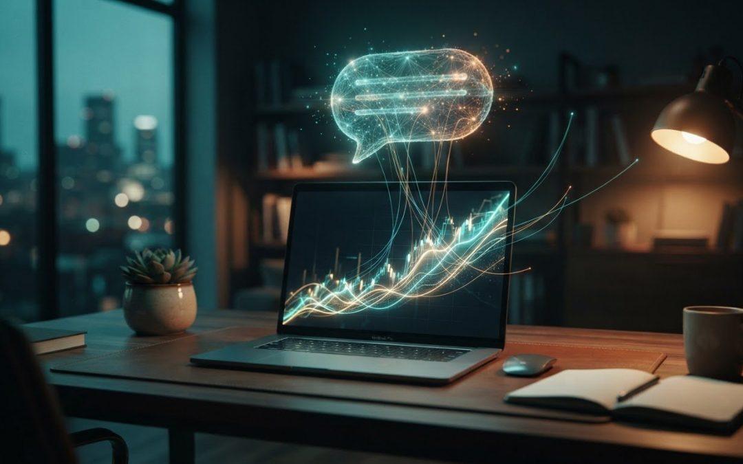 Laptop mit Chatbot-Symbol und aufsteigendem Börsenchart auf dem Schreibtisch