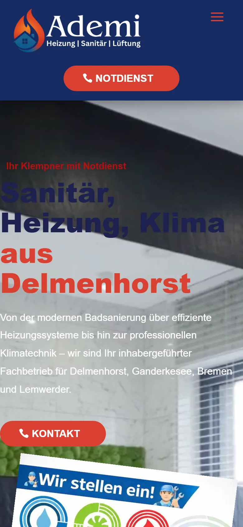 Webseite für Sanitärbetriebe am Handy: Ademi Sanitär, Delmenhorst Webseite für Sanitärbetriebe am Handy: die Website von Ademi Sanitär aus Delmenhorst in der mobilen Ansicht