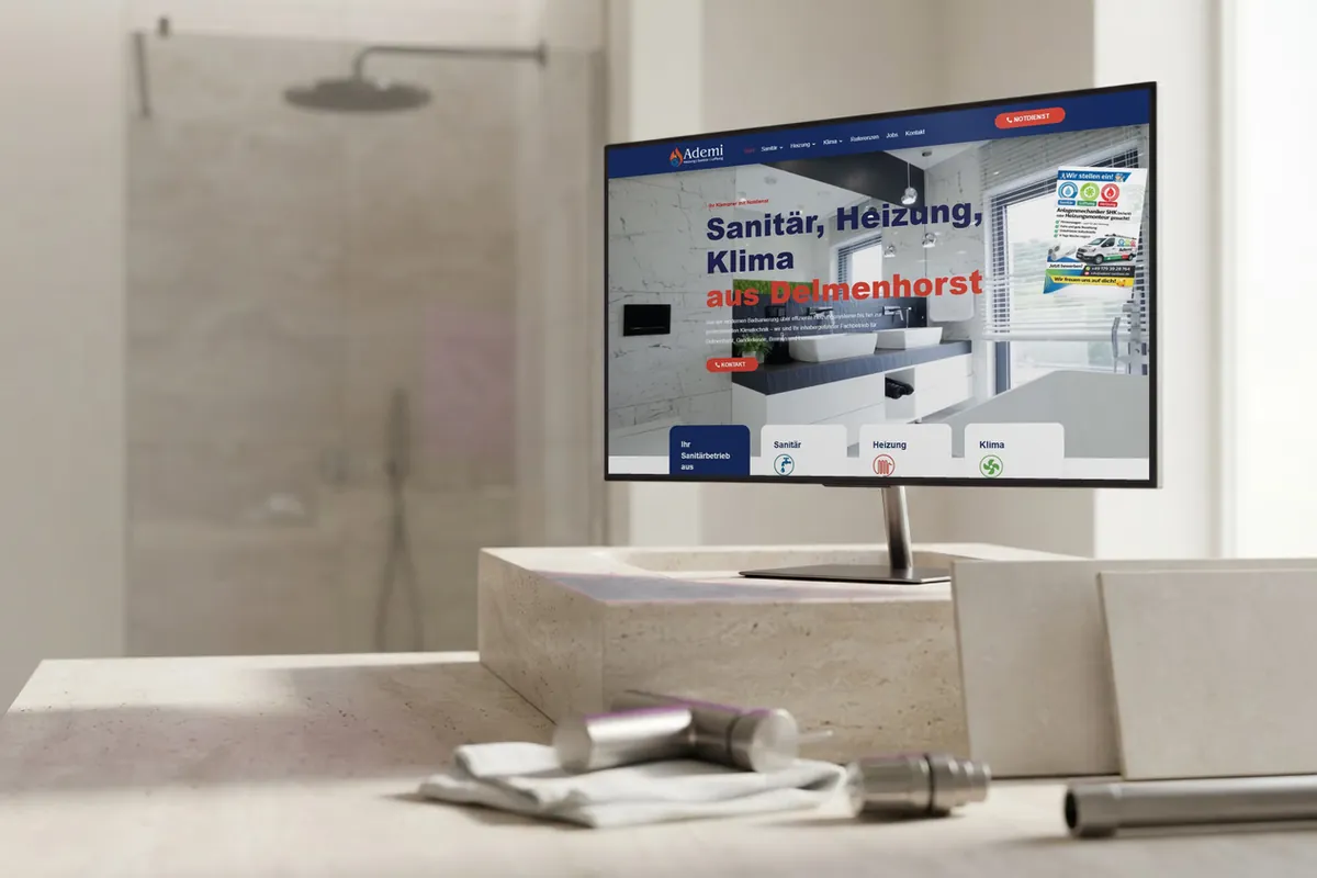 Webdesign-Referenz Sanitär- und Heizungsbau: Ademi Sanitär, Delmenhorst Webseite für Sanitärbetriebe: monitor mit der Website von Ademi Sanitär, Sanitär- und Heizungsbau in Delmenhorst.