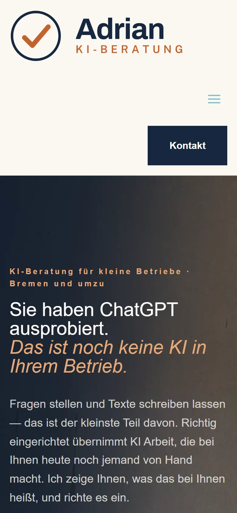 Webseite für KI-Beratung am Handy: die Website von Adrian KI-Beratung aus Stuhr in der mobilen Ansicht
