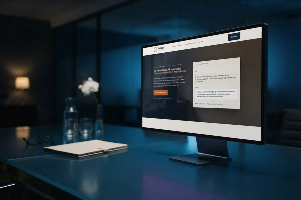 Webseite für KI-Beratung: monitor mit der Website von Adrian KI-Beratung, KI-Beratung in Stuhr.