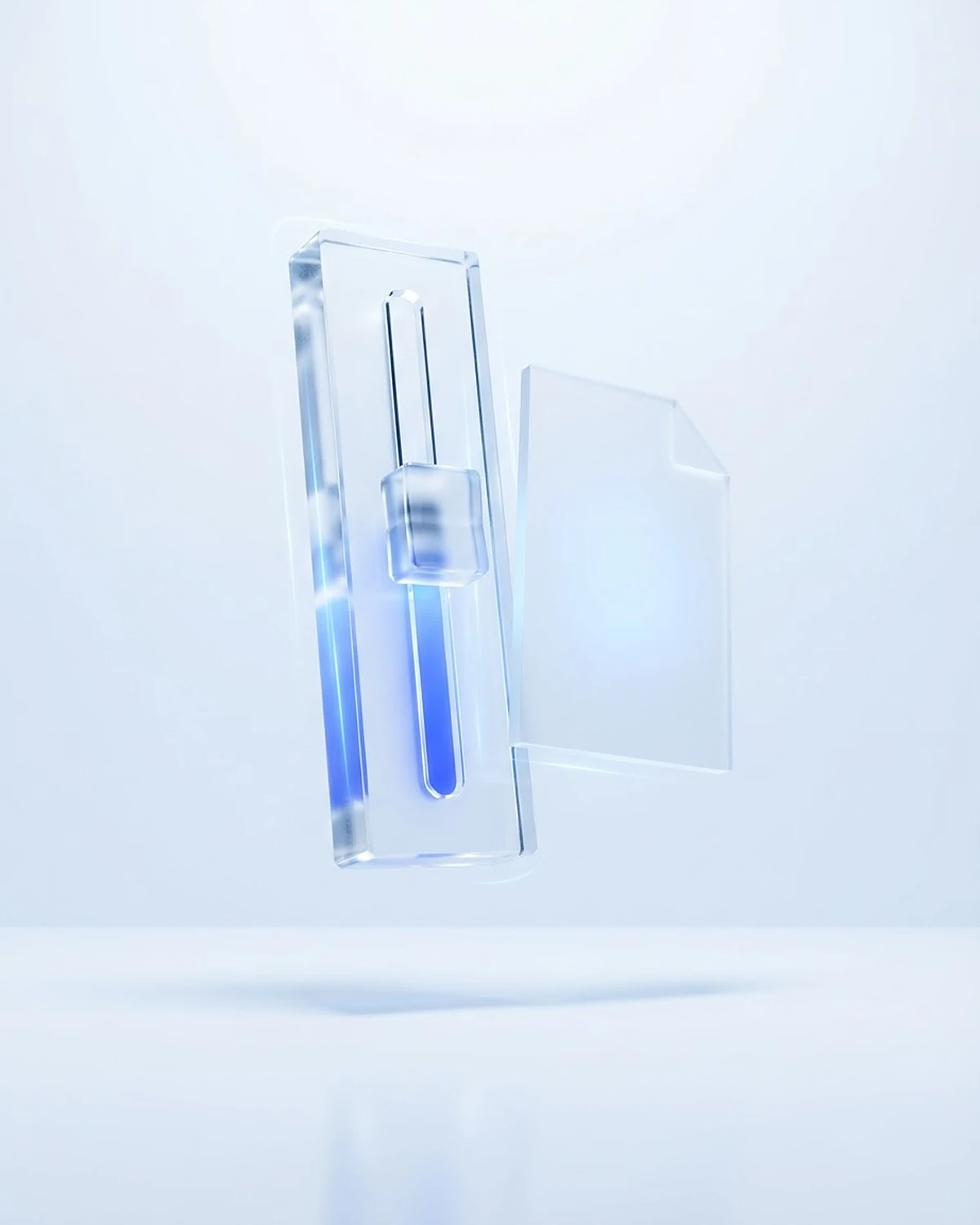 Angebot nachfassen ohne zu nerven Gläserner Schieberegler in mittlerer Stellung neben einem Glasblatt: Angebot nachfassen ohne zu nerven, im passenden Ton.