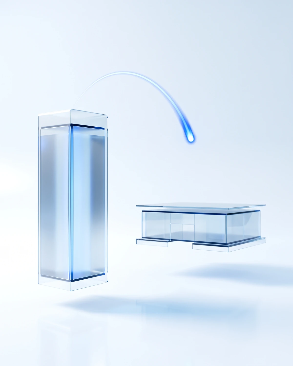 Zwei schlichte Glasgebäude, zwischen ihnen wandert ein Lichtimpuls auf einem hohen Bogen: Rückmeldung an den Auftraggeber.