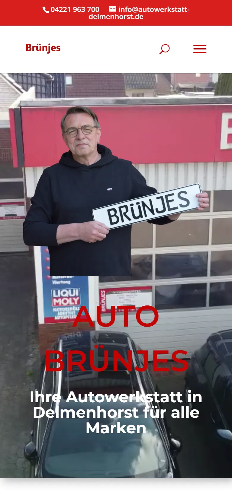 Webseite für freie Kfz-Werkstätten am Handy: die Website von Auto Brünjes aus Delmenhorst in der mobilen Ansicht