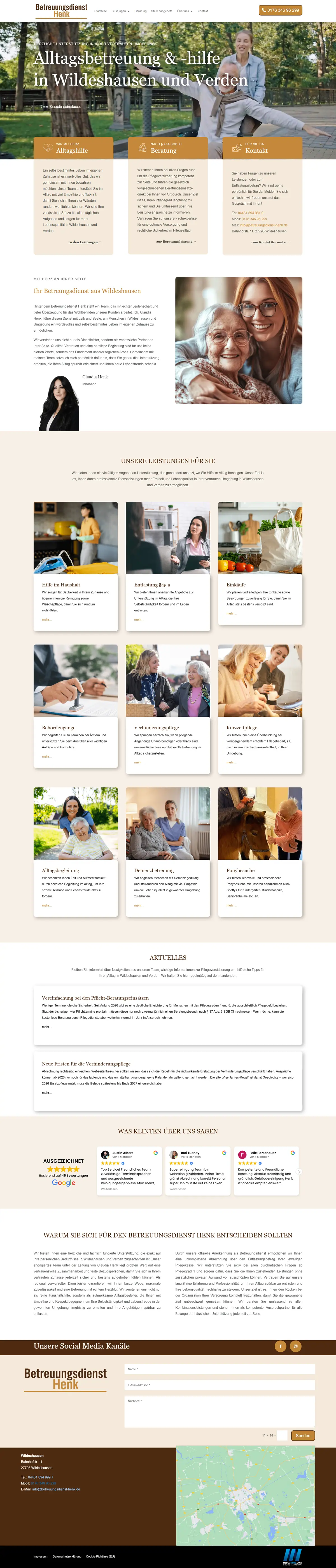 Webseite für Seniorenbetreuung in Wildeshausen: Betreuungsdienst Henk Webseite für Seniorenbetreuung: Startseite von Betreuungsdienst Henk, Betreuungsdienst in Wildeshausen