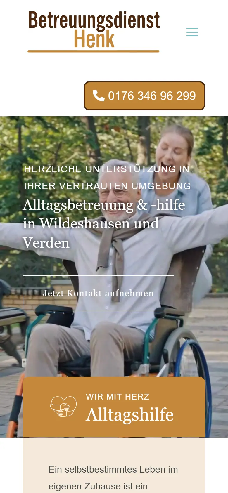 Webseite für Seniorenbetreuung am Handy: Betreuungsdienst Henk, Wildeshausen Webseite für Seniorenbetreuung am Handy: die Website von Betreuungsdienst Henk aus Wildeshausen in der mobilen Ansicht