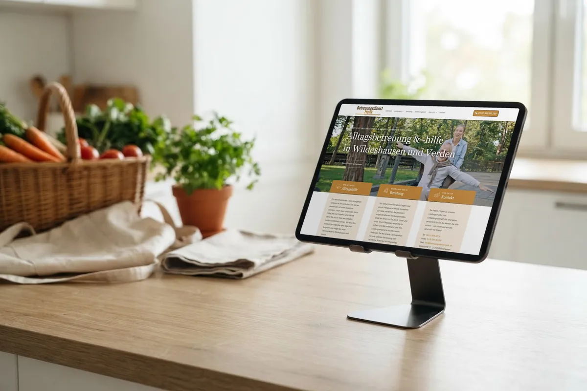 Webseite für Seniorenbetreuung: tablet mit der Website von Betreuungsdienst Henk, Betreuungsdienst in Wildeshausen.