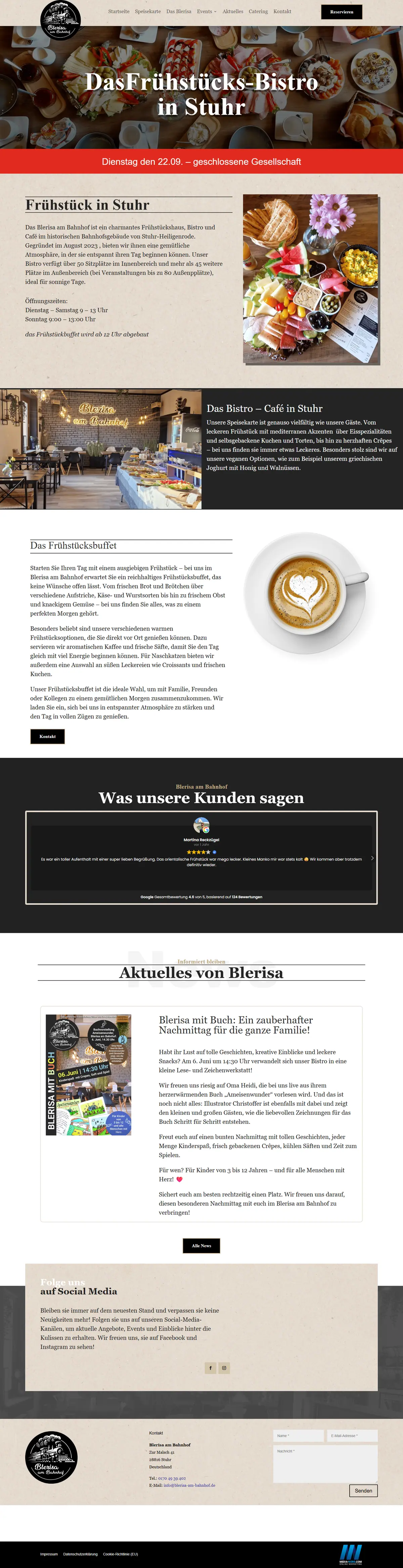 Webseite für Cafés und Bistros: Startseite von Blerisa am Bahnhof, Frühstücksbistro in Stuhr, gebaut von Media-Nord.com