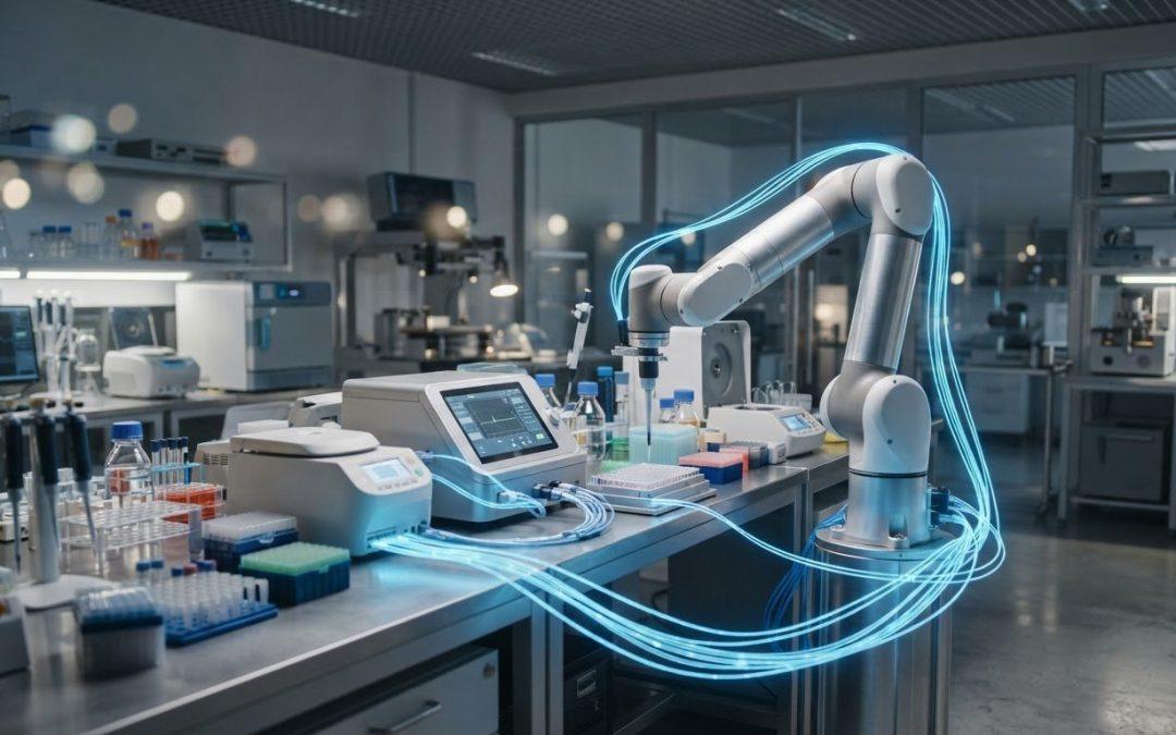 Roboterarm im Labor automatisiert Abläufe und steht für moderne KI-Beratung