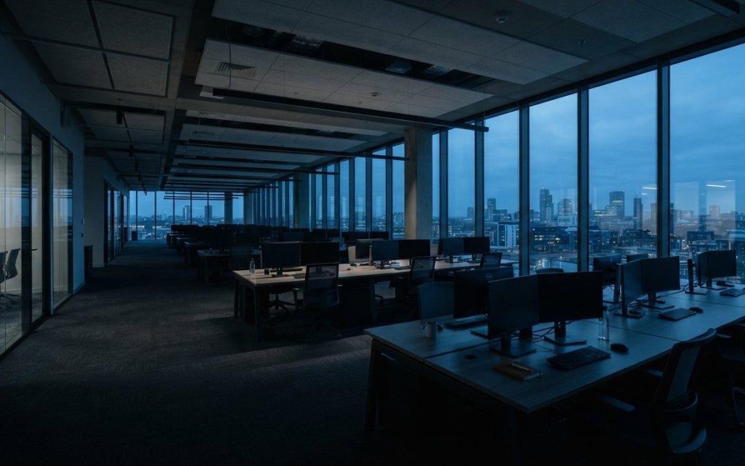 Leeres modernes Büro mit Blick auf die Stadt, Sinnbild für KI-Jobverlust
