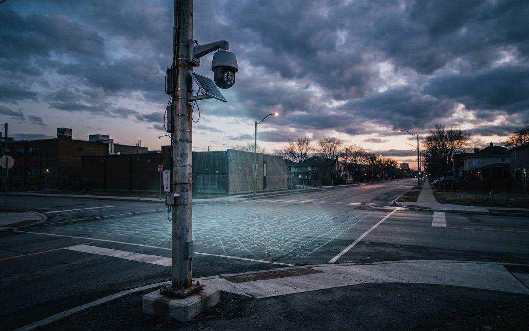 KI-Überwachungskamera überwacht Kreuzung in einer Stadt bei Sonnenuntergang