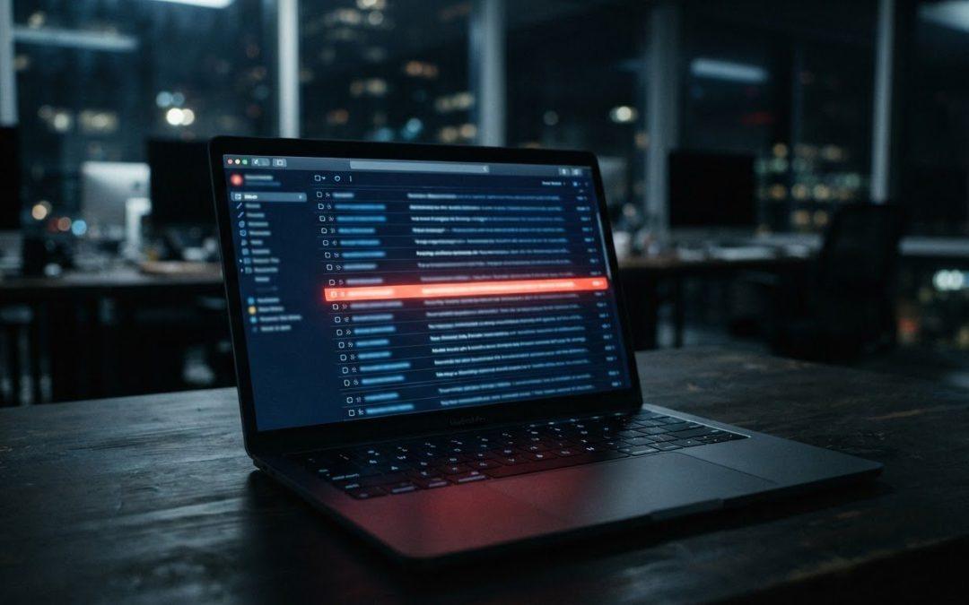 Laptop zeigt markierte E-Mail als Symbolbild für Prompt Injection im Büro