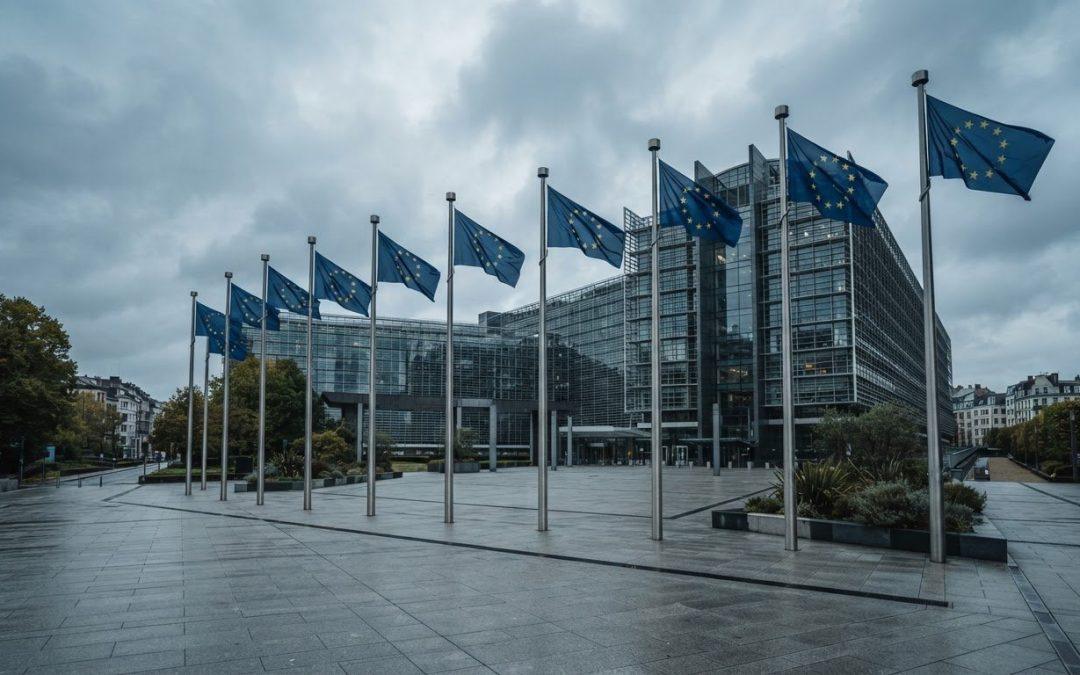 EU-Flaggen vor moderner Glasfassade, Sinnbild für KI-Regulierung und Beratung