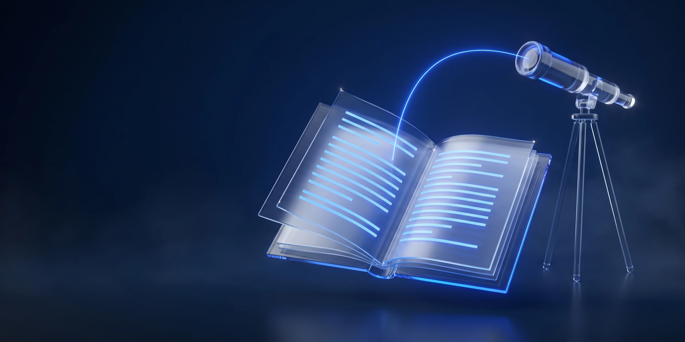 Gläsernes Buch mit Lichtzeilen, ein Fernrohr blickt darauf: Blogartikel schreiben lassen, die gefunden werden.