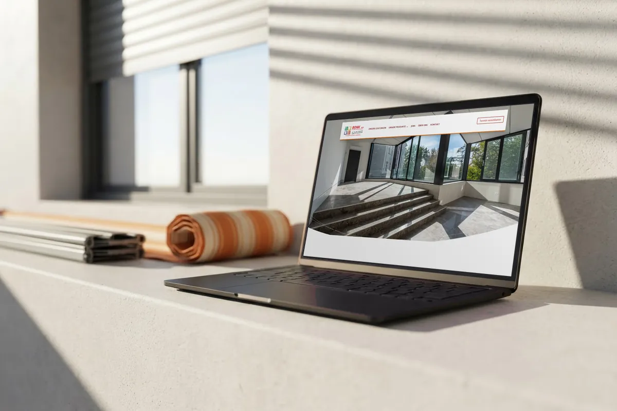 Webdesign-Referenz Rollladenbau: Bonk Sonnenschutz, Delmenhorst Webseite für Rollladen- und Markisenbauer: laptop mit der Website von Bonk Sonnenschutz, Rollladenbau in Delmenhorst.