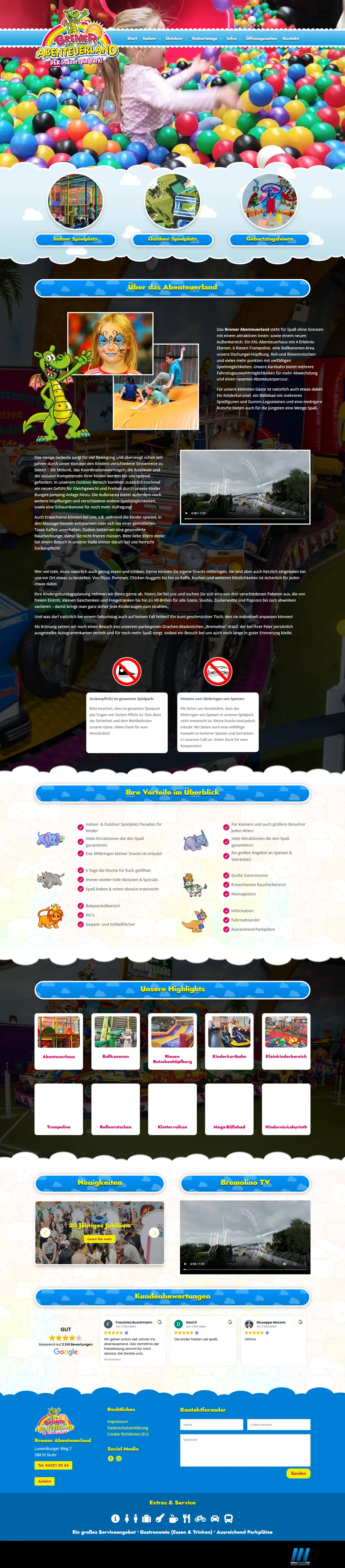 Webseite für Indoorspielplätze: Startseite von Bremer Abenteuerland, Indoorspielpark in Stuhr, gebaut von Media-Nord.com
